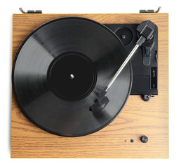 Modern vinyl record player with disc isolated on white, top view