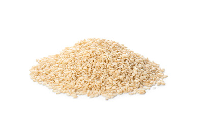 Pile of sesame seeds on white background