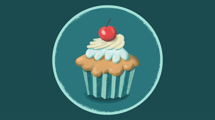 Digital hand drawn illustration of a tasty cupcake with cream and a cherry on the top. The cupcake is in the circle on the green background