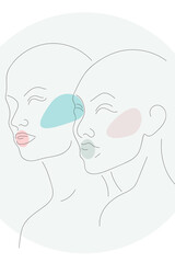 Tender relationships between two characters. Abstract portrait sketch. Same direction sight. Artistic minimal design on white using black outline and colorful spots. Simple, light and airy artwork. - 419370986