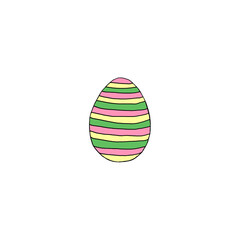 Hand drawn Easter egg isolated on white background. Pattern of dots and lines, green pink yellow. Hello spring. Design element