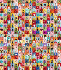 Fototapeta na wymiar Collage of faces of surprised people on multicolored backgrounds. Happy men and women smiling. Human emotions, facial expression concept. Different human facial expressions, emotions, feelings.