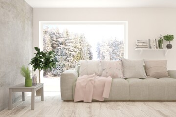 White living room with sofa and winter landscape in window. Scandinavian interior design. 3D illustration