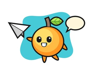 Orange fruit cartoon throwing paper airplane