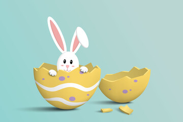 Easter concept background. Rabbit in Easter egg broken. 