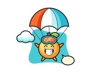 Obraz na płótnie Canvas Orange fruit cartoon is skydiving with happy gesture