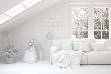 Mock up of stylish room in white color with sofa and winter landscape in window. Scandinavian interior design. 3D illustration