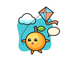 Orange fruit cartoon is playing kite