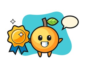 Orange fruit cartoon holding a golden badge