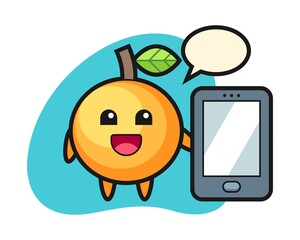 Orange fruit cartoon holding a smartphone