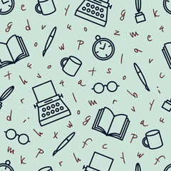 Creative seamless writer pattern with vector shapes and icons