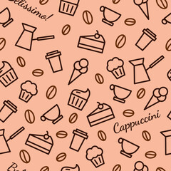 Creative seamless coffee pattern with vector shapes and icons