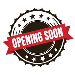 OPENING SOON text on red brown ribbon stamp.