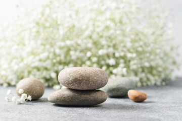 Fototapeta na wymiar Cosmetic podium made of stones with flowers in the background. Natural background for product presentation