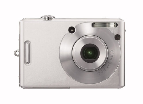 Digital compact camera on white background