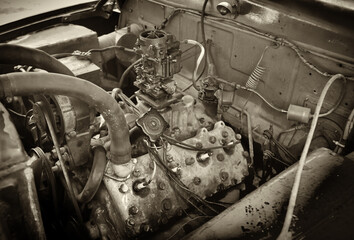An old car engine made in the 1950s in the USA. Cuba island.