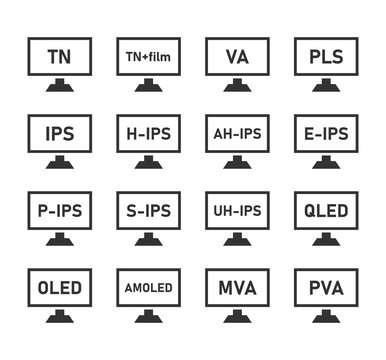 Types of LCD matrices icon set, monitor matrix display - IPS, VA, TN, OLED