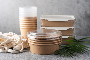 Paper containers for food delivery. Eco tableware for ready-to-eat meals