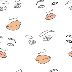 Modern silhouettes of female faces. Seamless pattern of abstract fashionable girls. Continuous line, minimalistic concept. Vector illustration.