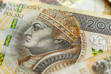 Close-up of Polish Zloty 200 banknotes - national currency of Poland.