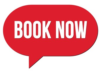 BOOK NOW text written in a red speech bubble