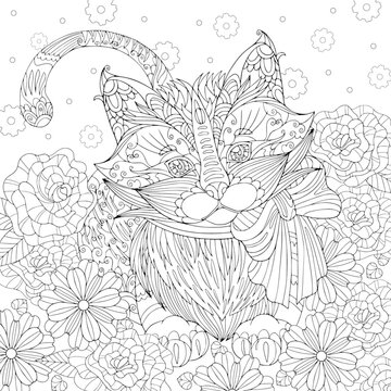 Coloring page kitten with bow in flowers field. Spring vector illustration with cute fluffy cat. Outline hand drawn art with doodle and patterns for coloring book for adult.
