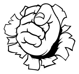 A hand in a fist punching through the background cartoon illustration