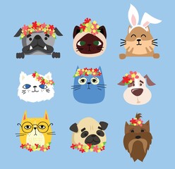 Vector Easter cards with cats and spring flowers. Happy Easter in the flat style