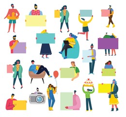 Set of people, men and women with different signs - book, work on laptop, search with magnifier, communicate.