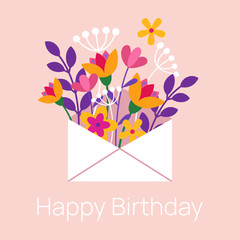 Greeting card, poster. Happy Birthday. Mail envelope with flowers. Vector illustration .