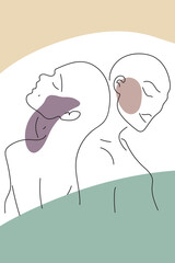 Tender relationships between two characters. Abstract portrait sketch. Back to back. Artistic minimal design on white using black outline and colorful spots. Simple, light and airy artwork.