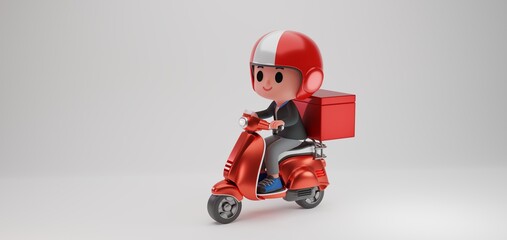 3d render illustration of cute boy messenger , delivery man character riding on a scooter , motorcycle with large box container