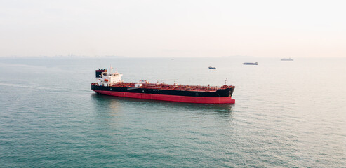 Aerial angle side view of oil tanker container ship at sea. Crude oil tanker lpg ngv at industrial...