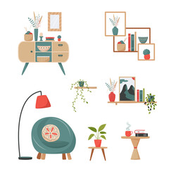 Set of retro furniture and decorative elements for cute minimalistic interior. Cozy living room flat vector illustration. Trendy scandinavian hygge interior