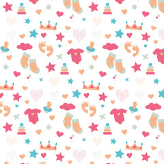 Baby shower pattern with cute baby , socks, nipple, toy, footprint, playsuit, pyramid . Print design for baby goods and clothes. Texture for your design, greeting cards,gift wraps, posters, textiles
