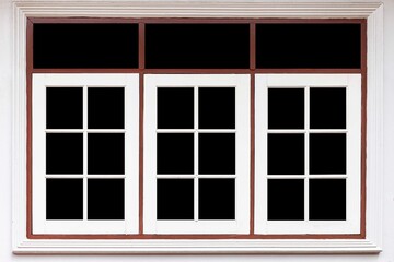 Three white wooden window frames isolated on a black background