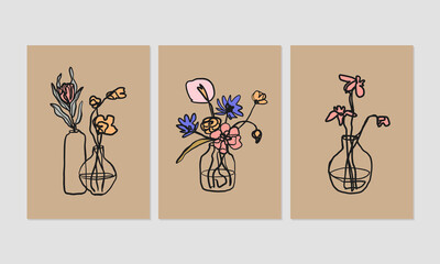Set of posters with flowers and vases. Hand drawn ink illustrations. Vector floral graphic prints
