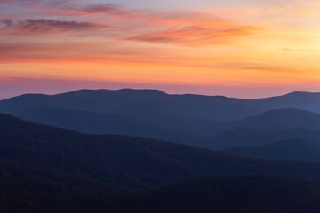 Gorgeous classic layers of mountains at sunrise in Shenandoah National Park during the Summer.