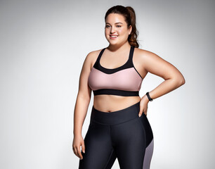 Fototapeta premium Woman with curvy figure in fashionable sportswear on grey background. Sports motivation and healthy lifestyle