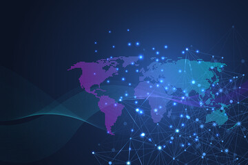 Global network connections with world map. Internet connection background. Abstract connection structure. Polygonal space background, illustration.