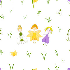 Seamless pattern with spring flowers and fairies. Cute floral texture with fairytail characters. White and transparent backgrounds.