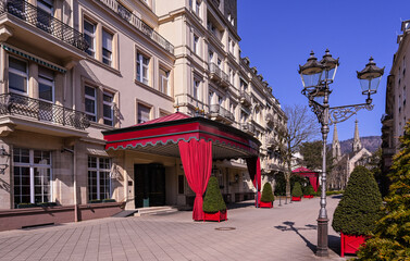 The entrance of Brenners Parkhotel at the river Oos, spa park and arboretum at the Lichtentaler Allee in Baden-Baden. Baden Wuerttemberg, Germany, Europe