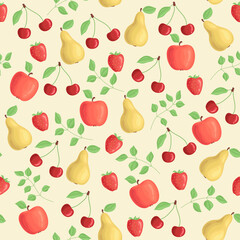Seamless pattern of summer juicy ripe fruits on a light background. Apple, cherry, pear, strawberry and tree branches. Continuous print for textiles, wrapping paper, fabric. Bright vector illustration