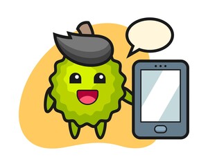 Durian cartoon holding a smartphone