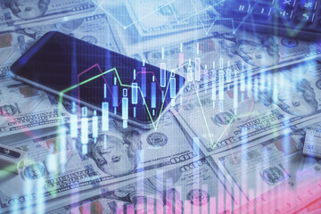 Fototapeta na wymiar Double exposure of forex graph drawing over us dollars bill background. Concept of financial markets.