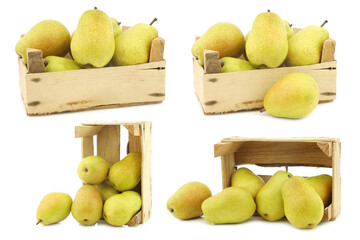 fresh Lucas pears in a wooden crate on a white background