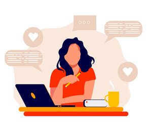 Young woman working On Laptop, Freelance or studying concept. Cute trendy illustration in flat style.