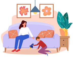 A woman plays at home with a child by the sofa. The concept of home entertainment. Mother and child playing with toys