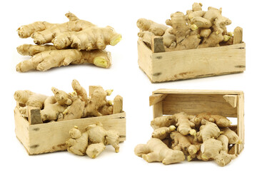 dried pieces of ginger root in a wooden crate on a white background