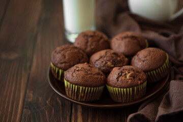 Close-up chocolate banana muffins with milk. Selective focus